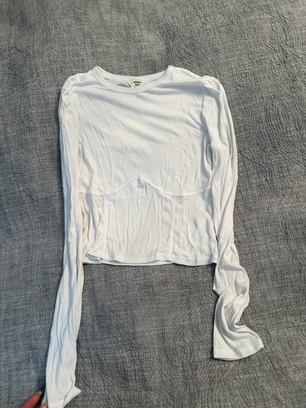 Sunday Best White Ribbed Long Sleeve Tee with Bust Seaming